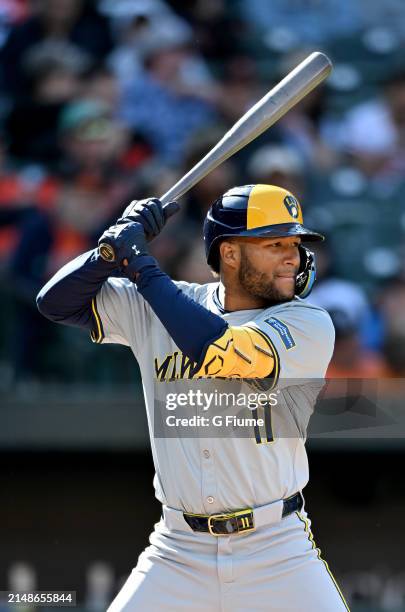 Jackson Chourio of the Milwaukee Brewers bats against the Baltimore Orioles at Oriole Park at Camden Yards on April 13, 2024 in Baltimore, Maryland.