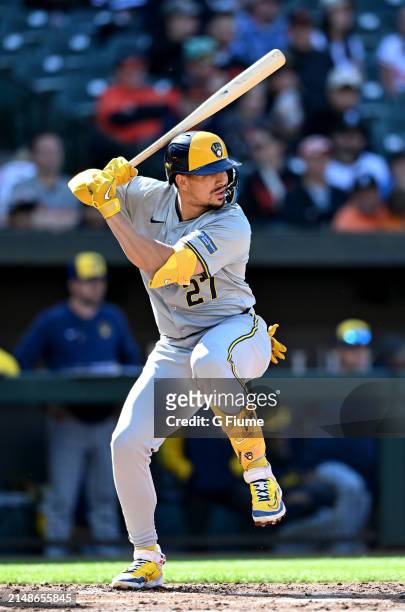 Willy Adames of the Milwaukee Brewers bats against the Baltimore Orioles at Oriole Park at Camden Yards on April 13, 2024 in Baltimore, Maryland.