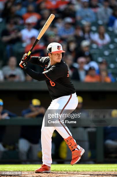 Ryan Mountcastle of the Baltimore Orioles bats against the Milwaukee Brewers at Oriole Park at Camden Yards on April 13, 2024 in Baltimore, Maryland.