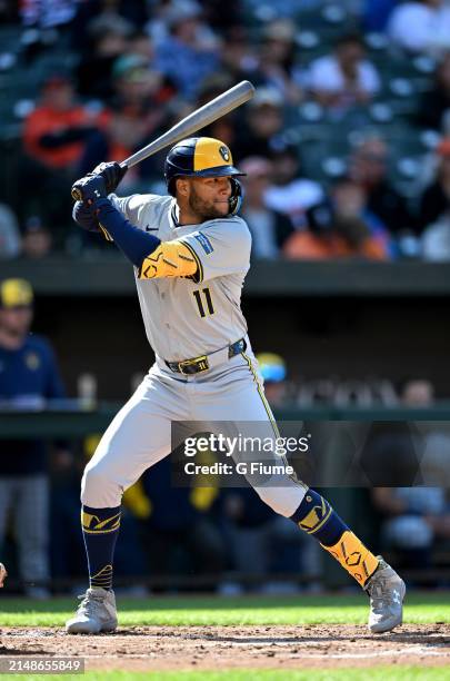 Jackson Chourio of the Milwaukee Brewers bats against the Baltimore Orioles at Oriole Park at Camden Yards on April 13, 2024 in Baltimore, Maryland.