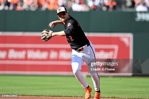 Gunnar Henderson of the Baltimore Orioles throws the ball to first base against the Milwaukee Brewers at Oriole Park at Camden Yards on April 13,...