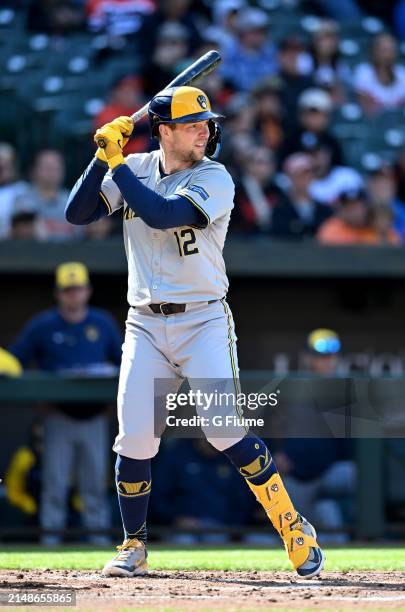Rhys Hoskins of the Milwaukee Brewers bats against the Baltimore Orioles at Oriole Park at Camden Yards on April 13, 2024 in Baltimore, Maryland.