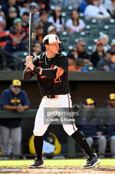 Austin Hays of the Baltimore Orioles bats against the Milwaukee Brewers at Oriole Park at Camden Yards on April 13, 2024 in Baltimore, Maryland.