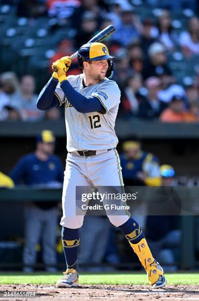 Rhys Hoskins of the Milwaukee Brewers bats against the Baltimore Orioles at Oriole Park at Camden Yards on April 13, 2024 in Baltimore, Maryland.