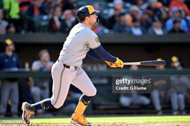 Rhys Hoskins of the Milwaukee Brewers hits a home run against the Baltimore Orioles at Oriole Park at Camden Yards on April 13, 2024 in Baltimore,...