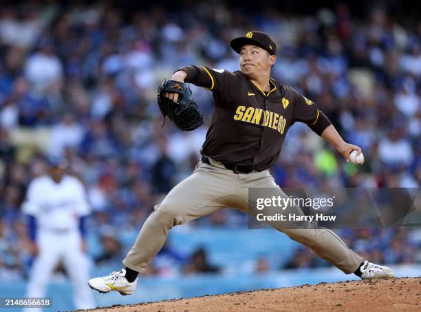 Yuki Matsui of the San Diego Padres pitches in relief during a 6-3 win over the Los Angeles Dodgers at Dodger Stadium on April 14, 2024 in Los...