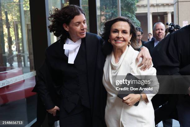 Sue Chrysanthou SC hugs Lisa Wilkinson as they emerge from court on April 15, 2024 in Sydney, Australia. Justice Michael Lee has ruled in favour of...