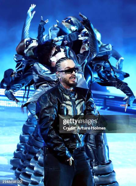 Balvin performs at the Coachella Stage during the 2024 Coachella Valley Music and Arts Festival at Empire Polo Club on April 14, 2024 in Indio,...