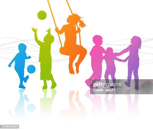 happy children playing. vector illustration silhouettes. - kids sports equipment stock illustrations