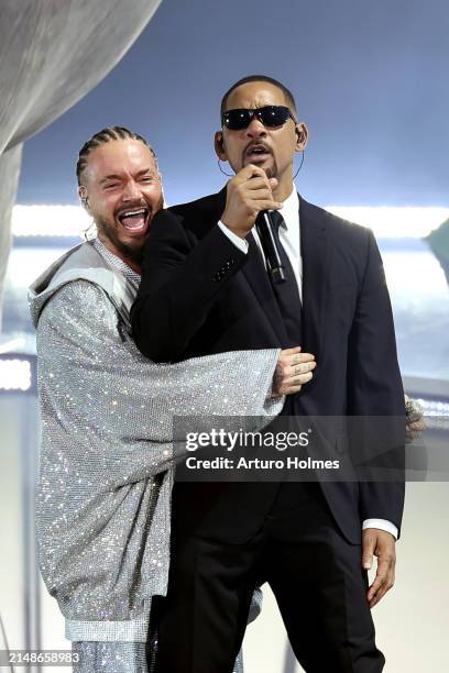 Balvin and Will Smith perform at the Coachella Stage during the 2024 Coachella Valley Music and Arts Festival at Empire Polo Club on April 14, 2024...