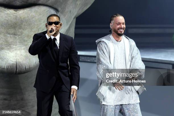 Will Smith and J Balvin perform at the Coachella Stage during the 2024 Coachella Valley Music and Arts Festival at Empire Polo Club on April 14, 2024...