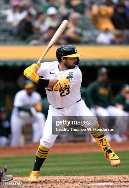 Shea Langeliers of the Oakland Athletics bats against the Washington Nationals in the bottom of the fifth inning of a Major League Baseball game on...