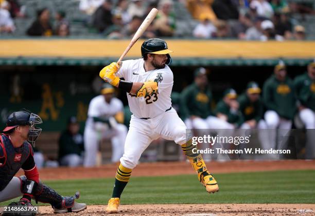 Shea Langeliers of the Oakland Athletics bats against the Washington Nationals in the bottom of the fifth inning of a Major League Baseball game on...