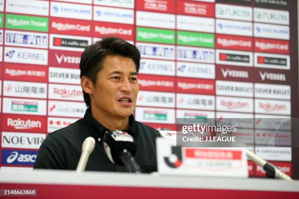 Head coach Takayuki Yoshida of Vissel Kobe speaks at the post match press conference after the J.League J1 match between Vissel Kobe and Sanfrecce...