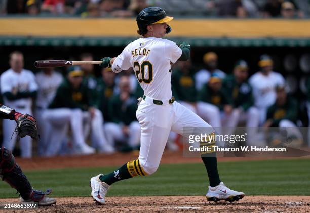 Zack Gelof of the Oakland Athletics bats against the Washington Nationals in the bottom of the six inning of a Major League Baseball game on April...