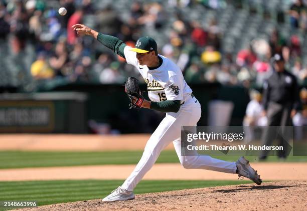 Mason Miller of the Oakland Athletics pitches against the Washington Nationals in the top of the ninth inning of a Major League Baseball game on...