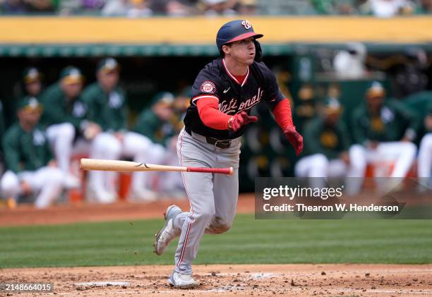 Jacob Young of the Washington Nationals hits an rbi double scoring Riley Adams against the Oakland Athletics in the top of the fourth inning on April...