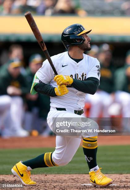 Abraham Toro of the Oakland Athletics hits a bases loaded two-run rbi single against the Washington Nationals in the bottom of the six inning of a...