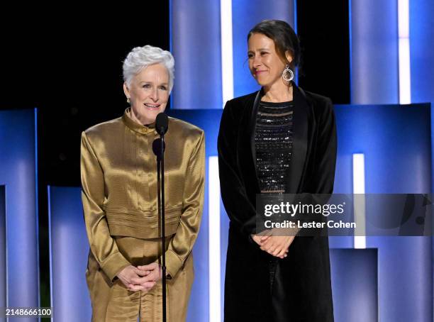 Glenn Close and Anne Wojcicki speak onstage during the 10th Breakthrough Prize Ceremony at the Academy of Motion Picture Arts and Sciences on April...