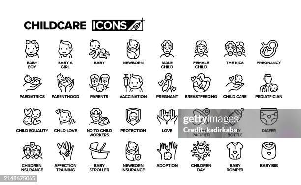 illustrazioni stock, clip art, cartoni animati e icone di tendenza di set di icone della linea di assistenza all'infanzia. allattamento al seno, infanzia, genitore, pediatra, bambino, madre, padre, adozione, genitorialità, gruppo di oggetti. - allattare al seno bambino