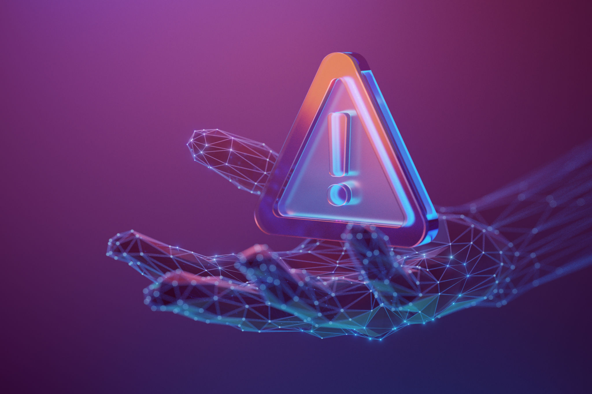 Warning, attention symbol with exclamation mark in the triangle on the abstract human hand made with atom array and plexus effect Warning, attention symbol with exclamation mark in the triangle on the abstract human hand made with atom array and plexus effect