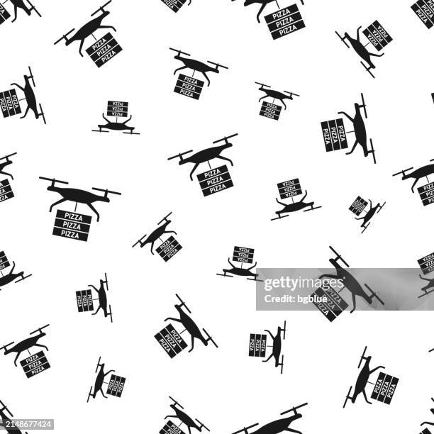 food delivery drone with pizza. seamless pattern. icons on white background - pizza boxes stock illustrations