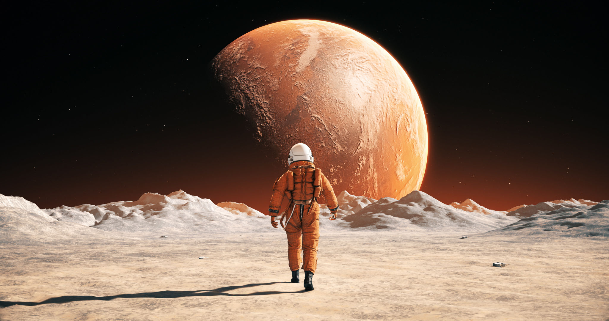 Male Astronaut In Space Suit Walking On Alien Planet. Planet Mars Is Visible. Male Astronaut In Space Suit Walking On Alien Planet. Planet Mars Is Visible.