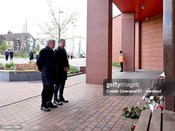 Sir Kenny Dalglish and Billy Hogan laying a wreath at the Hillsborough memorial at Anfield in this handout image provided by Liverpool FC on April...