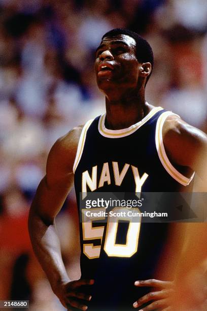 David Robinson of Navy stands with his arms on his hips circa 1984 during a Navy game. NOTE TO USER: User expressly acknowledges and agrees that, by...