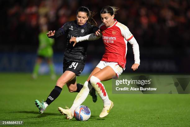 Steph Catley of Arsenal battles for possession with Ffion Morgan of Bristol City during the Barclays Women's Super League match between Arsenal FC...