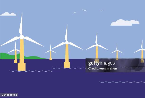 illustrazioni stock, clip art, cartoni animati e icone di tendenza di energia eolica offshore, protezione dell'ambiente e nuova illustrazione del concetto di energia - domanda e offerta