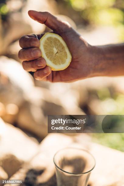 woman squeezing lemon - squeezing lemon stock pictures, royalty-free photos & images