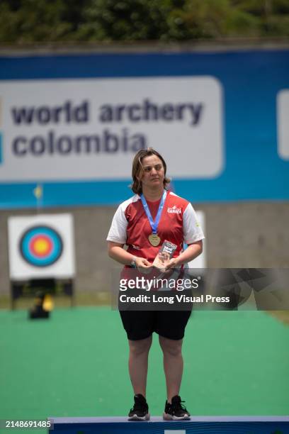 Canada's Kristine Eseuba wins the gold medal during the panamerican archery games in Medellin, Colombia, april 9, 2024.