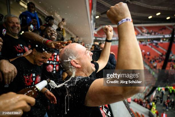 Fernando Carro of Leverkusen celebrating his teams championship on a balcony with the fans after the Bundesliga match between Bayer 04 Leverkusen and...