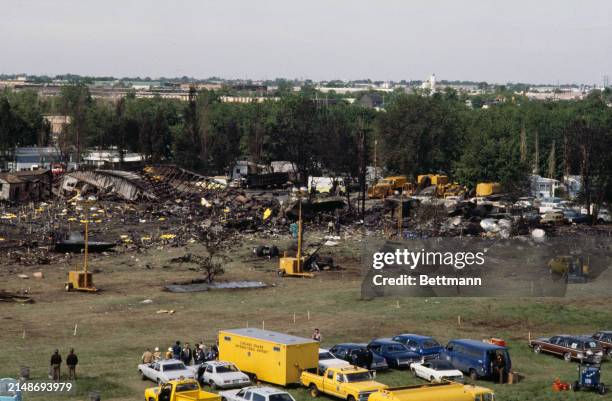 Aerial view of emergency vehicles at the crash site of American Airlines DC-10 the morning after the plane crashed at O'Hare International Airport in...