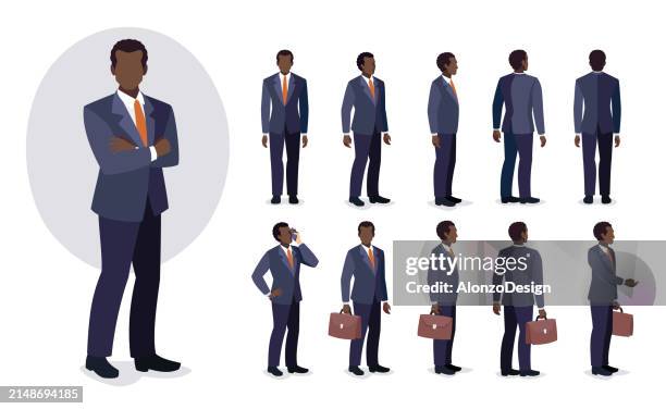set of african american businessman character design. - businessman running back stock illustrations