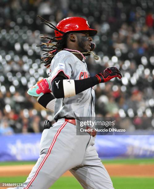 Elly De La Cruz of the Cincinnati Reds runs during the fifth inning against the Chicago White Sox at Guaranteed Rate Field on April 12, 2024 in...