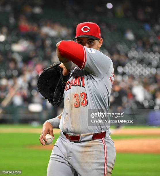 Christian Encarnacion-Strand of the Cincinnati Reds reacts after the fifth inning against the Chicago White Sox at Guaranteed Rate Field on April 12,...