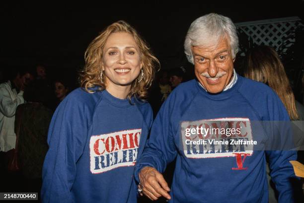 American actress Faye Dunaway and American actor and comedian Dick Van Dyke, both wearing blue 'Comic Relief V' sweatshirts, attend the 5th Annual...