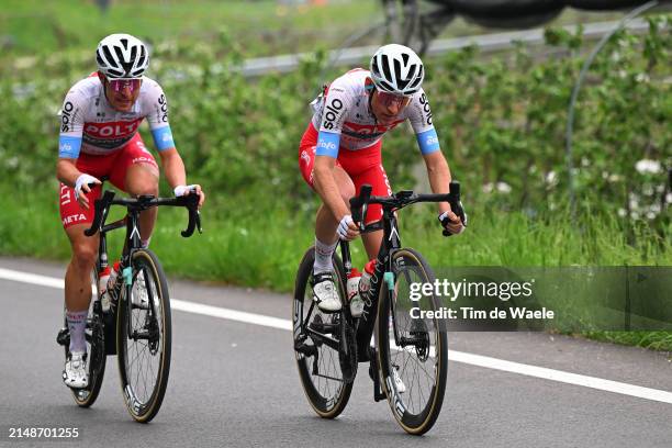 Mattia Bais of France and Andrea Garosio of France and Team Polti Kometa compete in the breakaway during the 47th Tour of the Alps 2024, Stage 1 a...