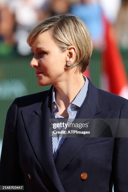Princess Charlene of Monaco seen during the day eight of the Rolex Monte-Carlo Masters at Monte Carlo Country Club on April 14, 2024 in Monte-Carlo,...