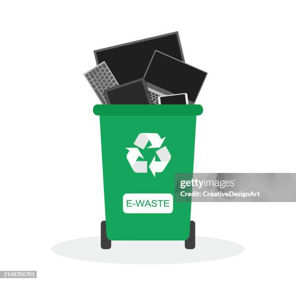 electronic wastes in recycle bin with computer monitor, laptop, computer keyboard, digital tablet and smart phone. environmental conservation and recycling concept - collect icon stock illustrations