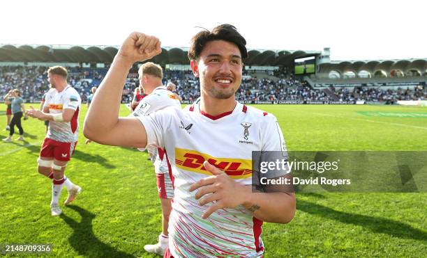Marcus Smith of Harlequins celebrates victory during the Investec Champions Cup Quarter Final match between Union Bordeaux Begles and Harlequins at...