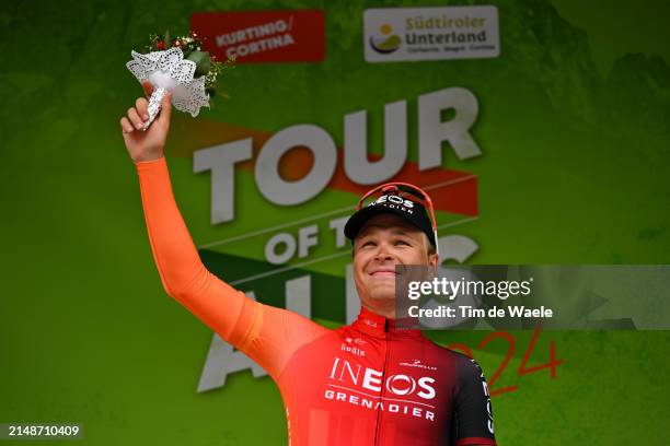 Tobias Foss of Norway and Team INEOS Grenadiers celebrates at podium as stage winner during the 47th Tour of the Alps 2024, Stage 1 a 133.3km stage...