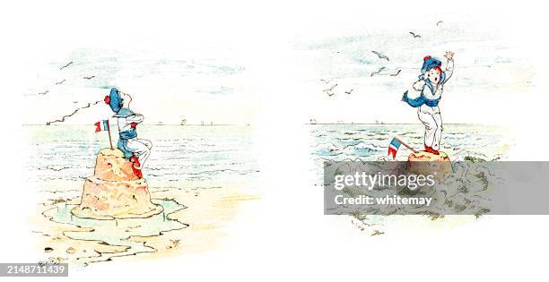 triumph and disaster - little french boy and his sandcastle - high tide low tide stock illustrations