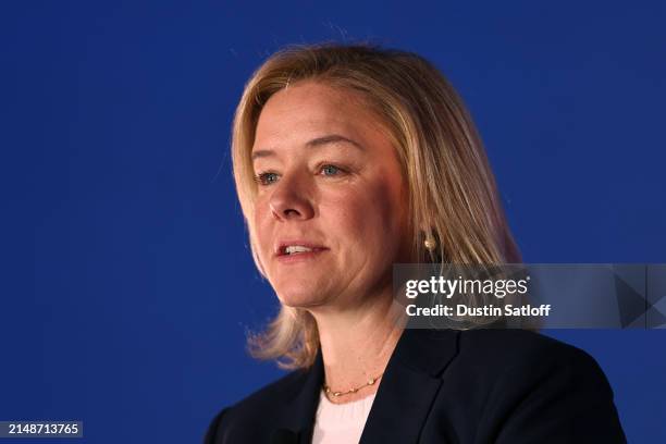 Sarah Hirshland, CEO of United States Olympic & Paralympic Committee, speaks to the media at the Team USA Media Summit at Marriott Marquis Hotel on...