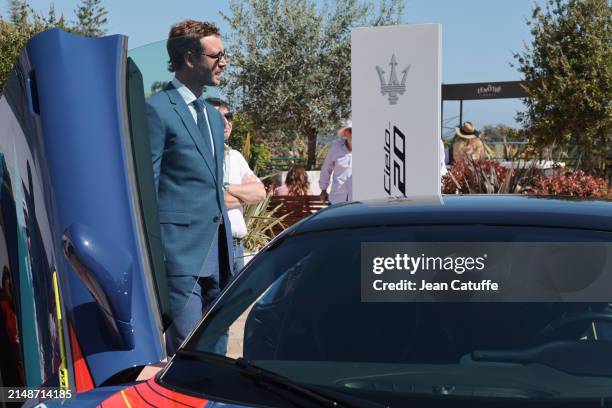 Pierre Casiraghi checks on the Maserati MC20 Cielo before the final on day 8 of the Rolex Monte-Carlo Masters at Monte-Carlo Country Club on April...