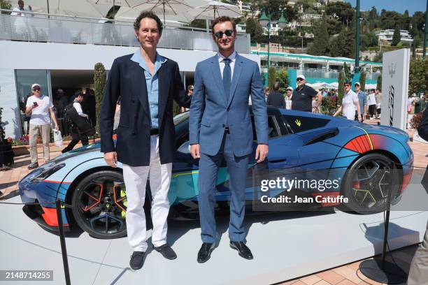 Stellantis President John Elkann and Pierre Casiraghi check on the Maserati MC20 Cielo before the final on day 8 of the Rolex Monte-Carlo Masters at...