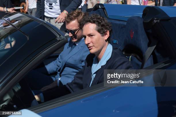 Stellantis President John Elkann and Pierre Casiraghi check on the Maserati MC20 Cielo before the final on day 8 of the Rolex Monte-Carlo Masters at...