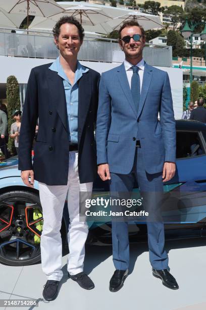 Stellantis President John Elkann and Pierre Casiraghi check on the Maserati MC20 Cielo before the final on day 8 of the Rolex Monte-Carlo Masters at...